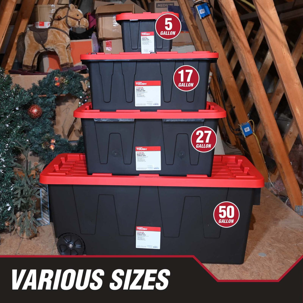 6 pack) Hyper Tough 27 Gallon Snap Lid Storage Bin, Black Base and Red Lid, Heavy-Duty Plastic Container