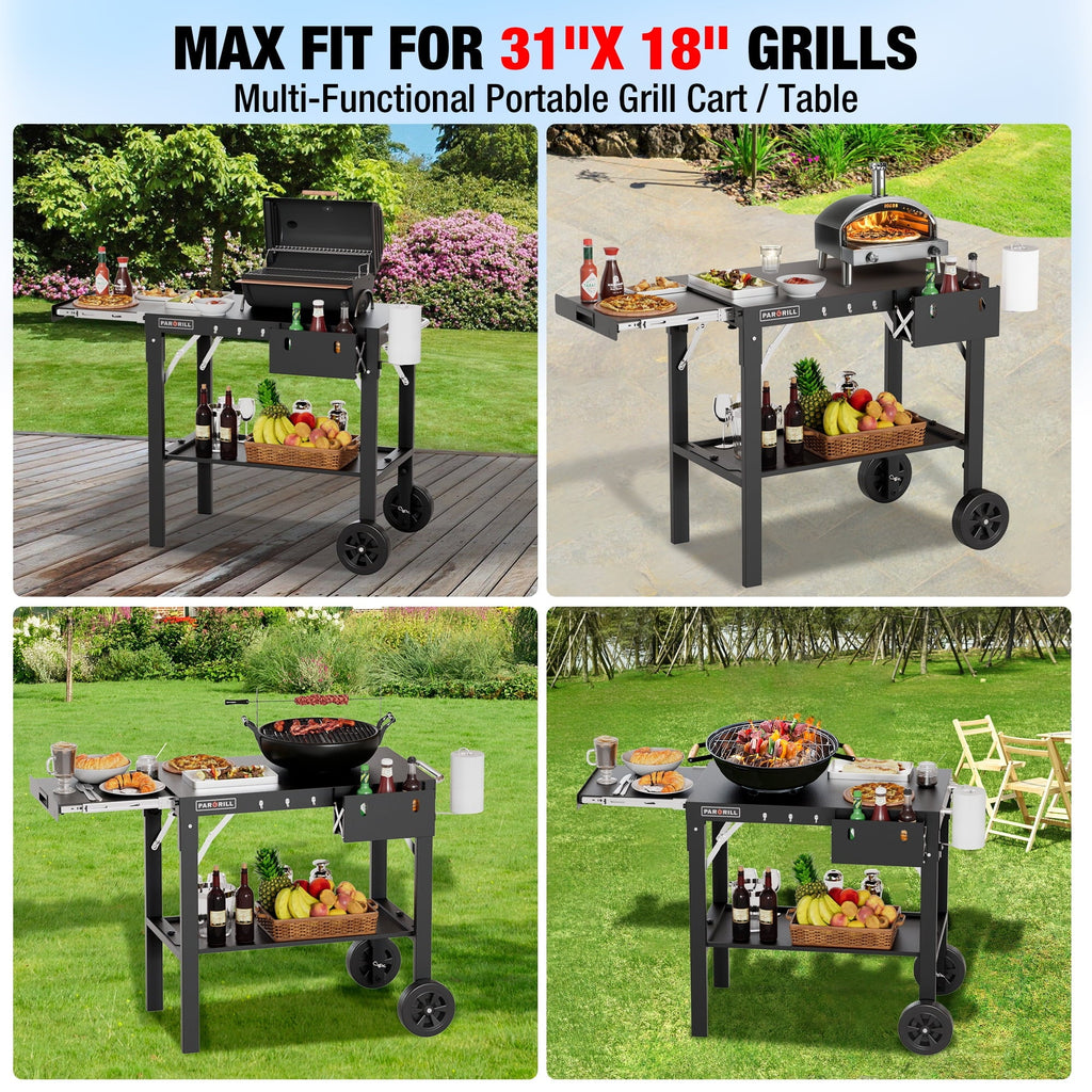 PARGRILL Outdoor Folding Grill Cart with Pull-Out Side Table, Griddle Stand Fit 17 Inch or 22 Inch, Portable Stainless Steel BBQ Prep Station with