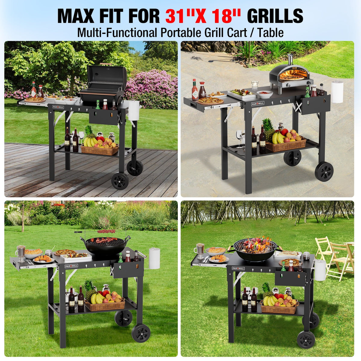 PARGRILL Outdoor Folding Grill Cart with Pull-Out Side Table, Griddle Stand Fit 17 Inch or 22 Inch, Portable Stainless Steel BBQ Prep Station with
