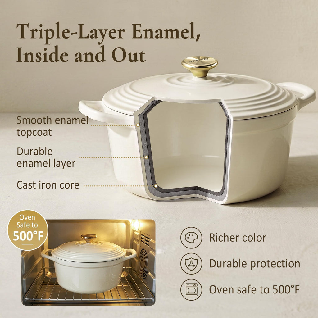 Overmont Enameled Cast Iron Dutch Oven - 5.5QT Pot with Lid Cookbook & Cotton Potholders - Heavy-Duty Cookware for Braising, Stews, Roasting