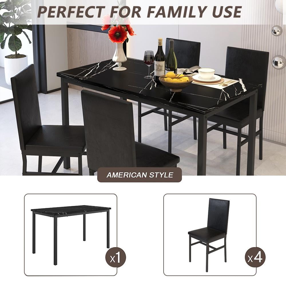 5 Piece Dining Table Set, Modern Faux Marble Tabletop and 4 PU Leather Upholstered Chairs, Rectangle Kitchen Table and Chairs for 4 Persons, Small