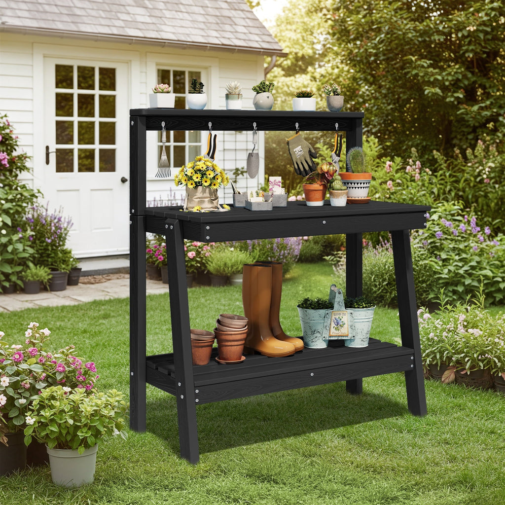SERWALL Outdoor Potting Bench with Storage & Hooks, 3-Tier Heavy-Duty HDPE Garden Workstation Table, All-Weather Potting Table for Patio & Backyard