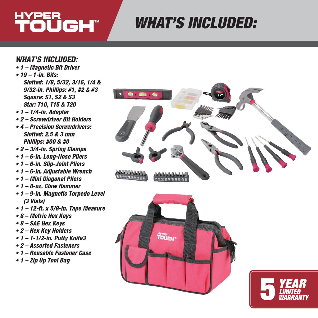 Hyper Tough 89-Piece Household Tool Set with 12-Pocket Zip-Up Tool Bag, Pink