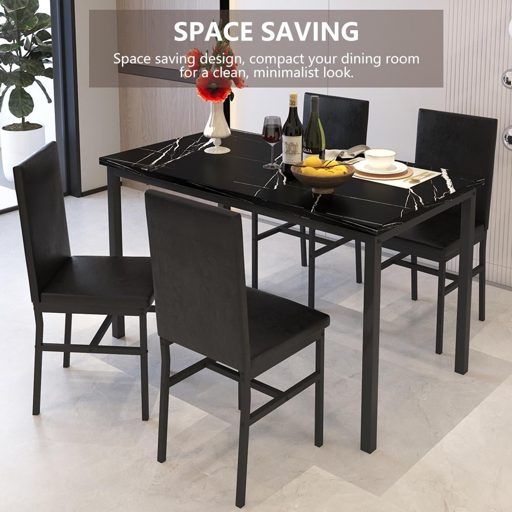 5 Piece Dining Table Set, Modern Faux Marble Tabletop and 4 PU Leather Upholstered Chairs, Rectangle Kitchen Table and Chairs for 4 Persons, Small