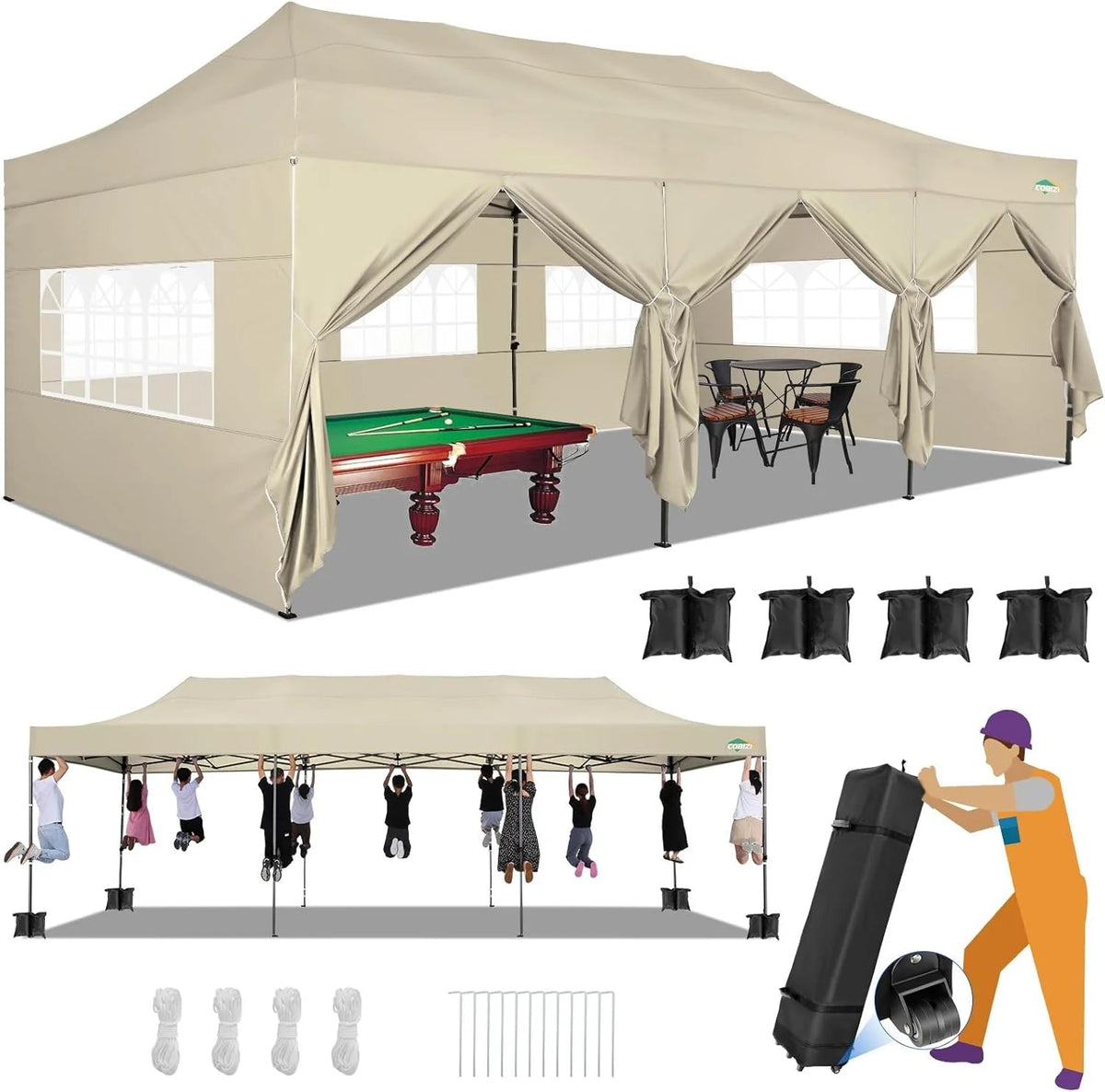 COBIZI 10x20 Heavy Duty Pop-Up Canopy Tent With 6 Sidewalls - Black
