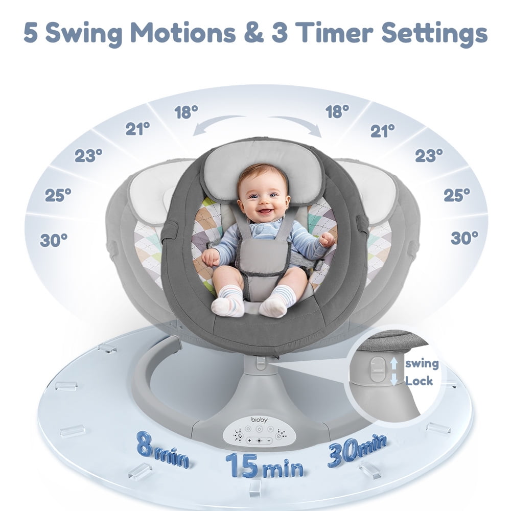 Electric Baby Swing, Caveen Infant Swing Rocker with Remote Control, 5 Sway Speeds, Bluetooth Music, Grey