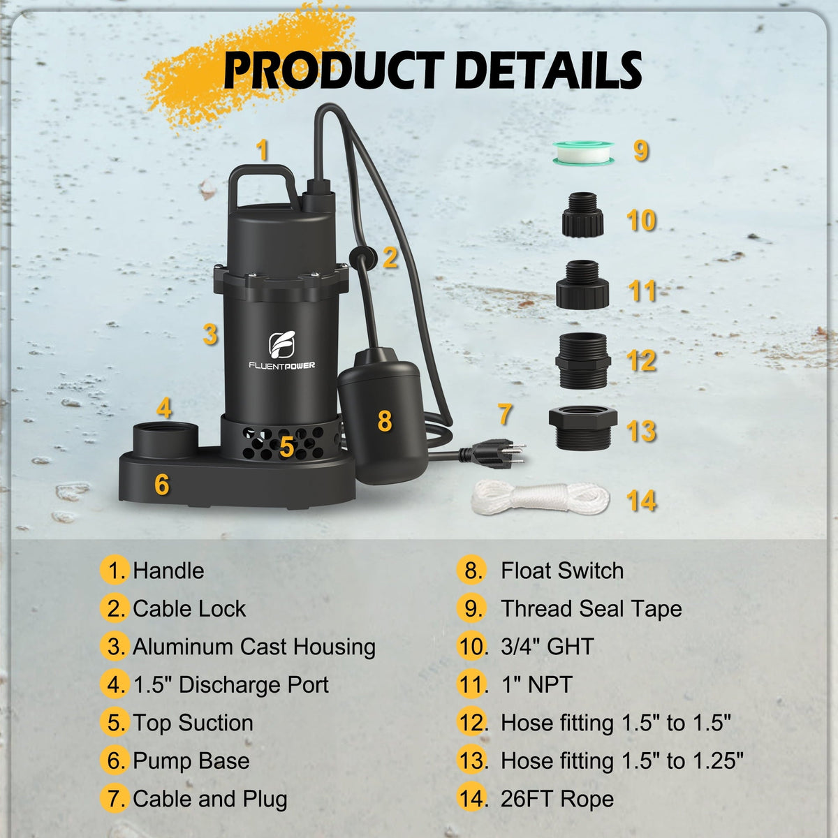 FLUENTPOWER 3/4 HP Cast Aluminum Submersible Sump Pump, 3500 GPH, Tethered Float Switch