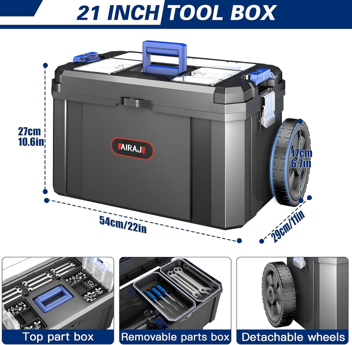 AIRAJ 3-in-1 Rolling Tool Box with Wheels Stackable Tool Chest Tool Storage Organizer Removable Trays 17 in 19 in 21 in Garage Workshop