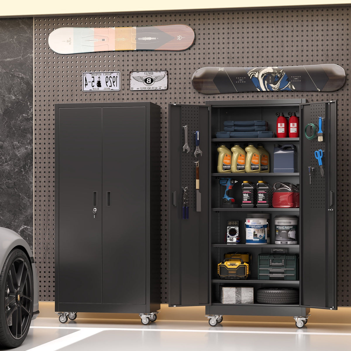 HUAXRON 71 inches Tall Metal Rolling Garage Storage Cabinets with Locking Doors and 5 Adjustable Shelves, Metal Storage Cabinet for Garage, Office