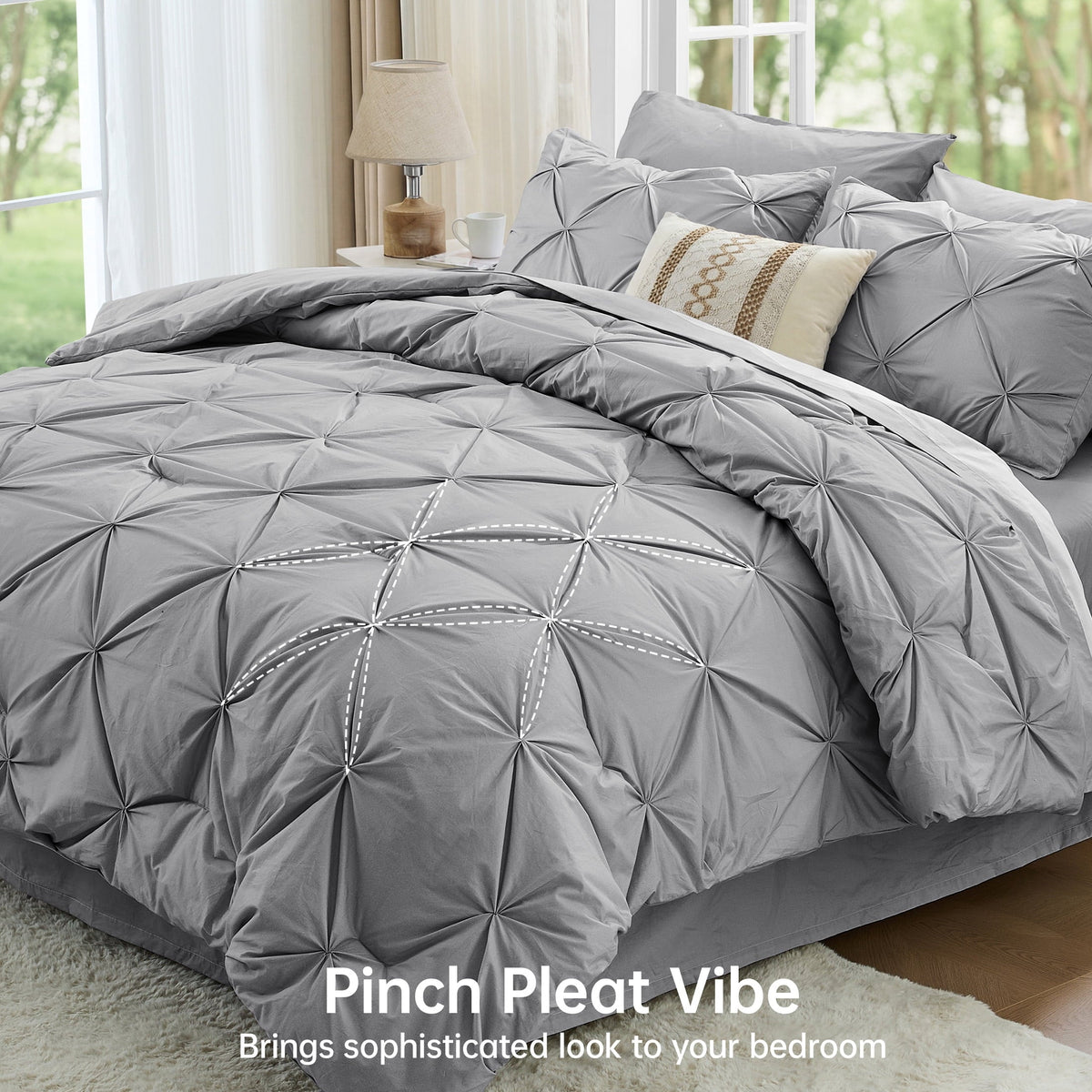 Sasttie Queen Size Comforter Set, 7-Piece Bed in a Bag, Pintuck Bedding Sets for All Season, Light Grey