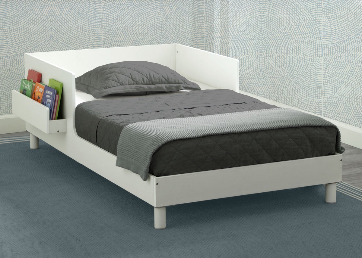 Delta Children Sleep N Store Toddler Bed with Interchangeable Shelf (Choose from Rainbow, Dinosaur or White Shelf), White