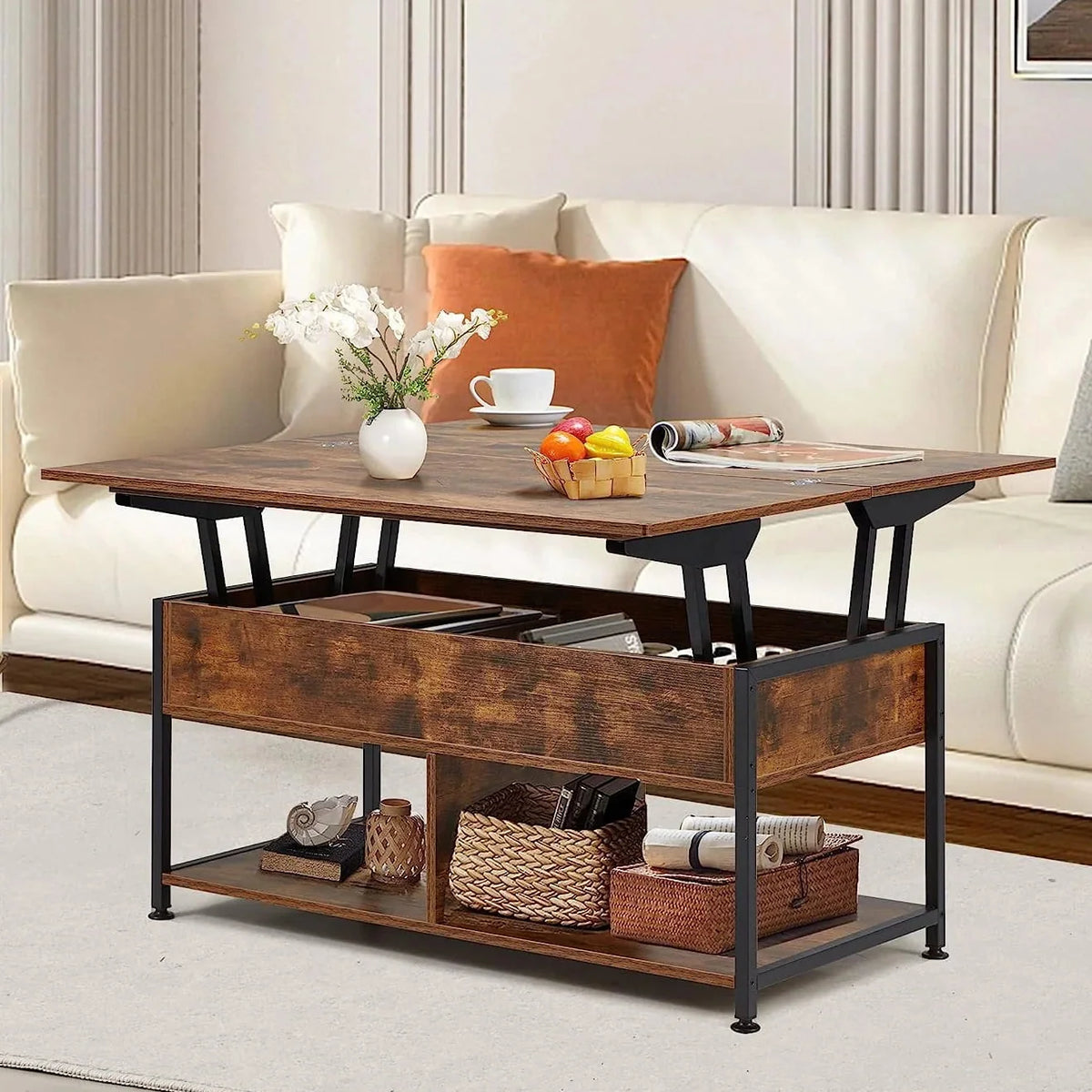 MONVANE Lift Top Coffee Table With Storage, 40 in, Rustic Brown