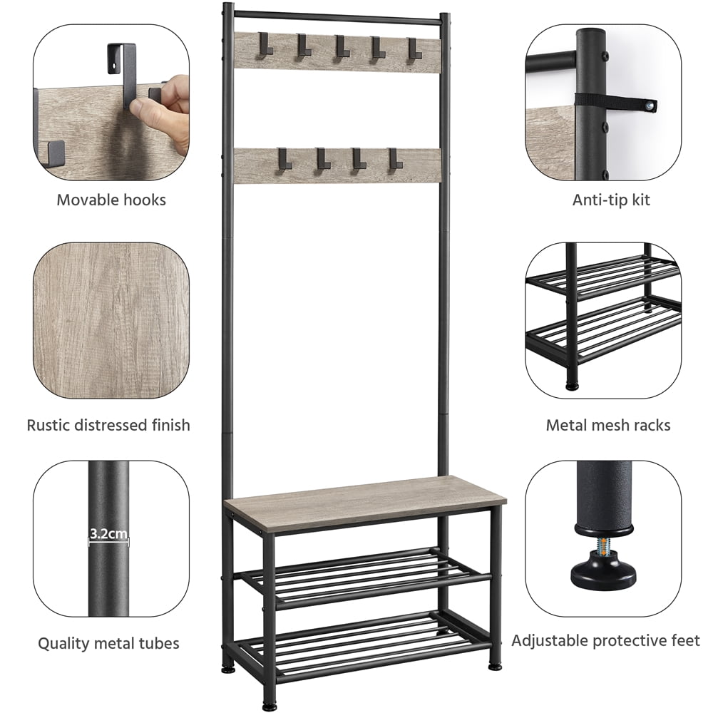 Yaheetech 73'' H Metal Hall Tree Entryway Coat Rack with Shoe Storage Bench & 9 Movable Hooks,Gray