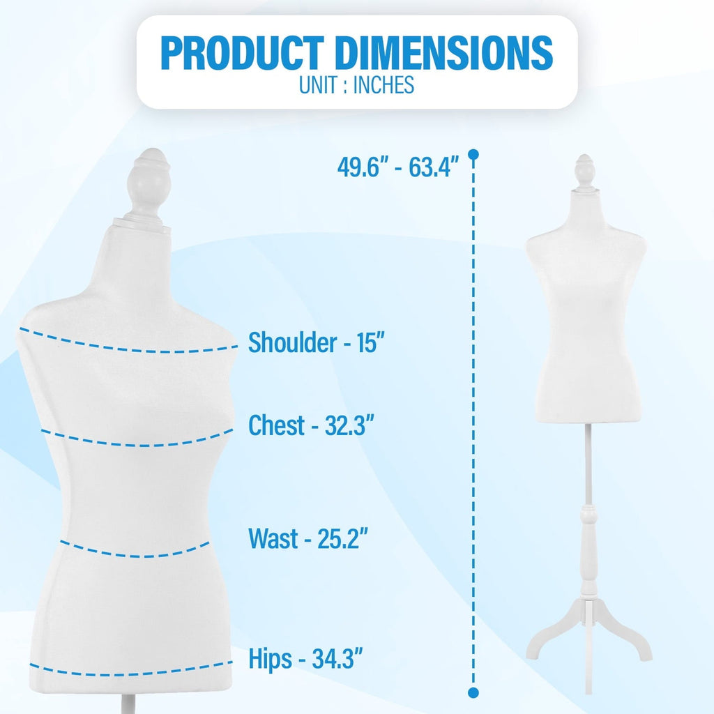 FDW Adjustable Female Dress Form Sewing Mannequin, 50-63" Waist, White, Wooden Tripod Stand