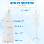 FDW Adjustable Female Dress Form Sewing Mannequin, 50-63" Waist, White, Wooden Tripod Stand