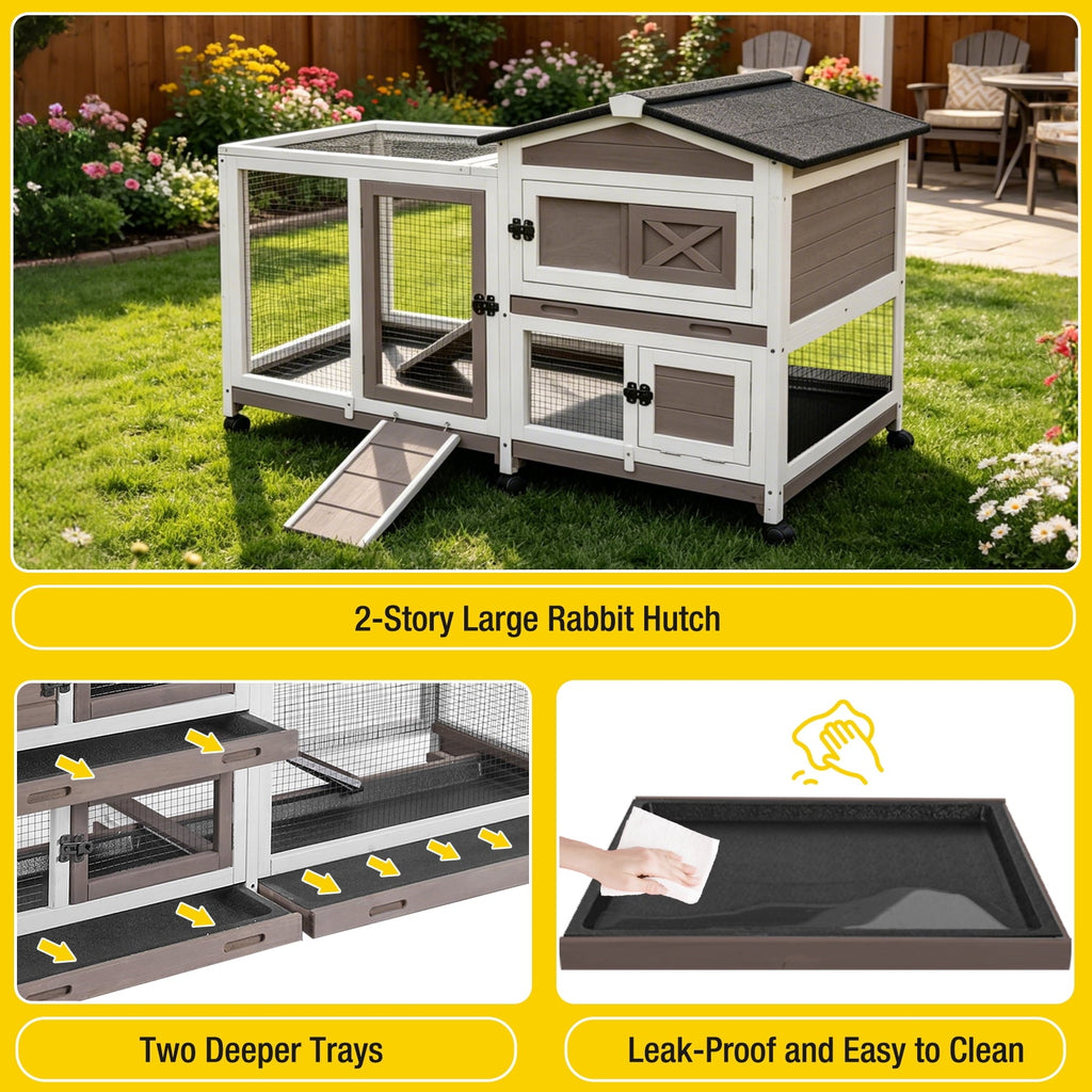 Aivituvin Rabbit Hutch Bunny Cage Outdoor & Indoor with Wheels, Two Layer Guinea Pig House with Pull Out Tray, Chew-Proof Ramp, Waterproof Roof
