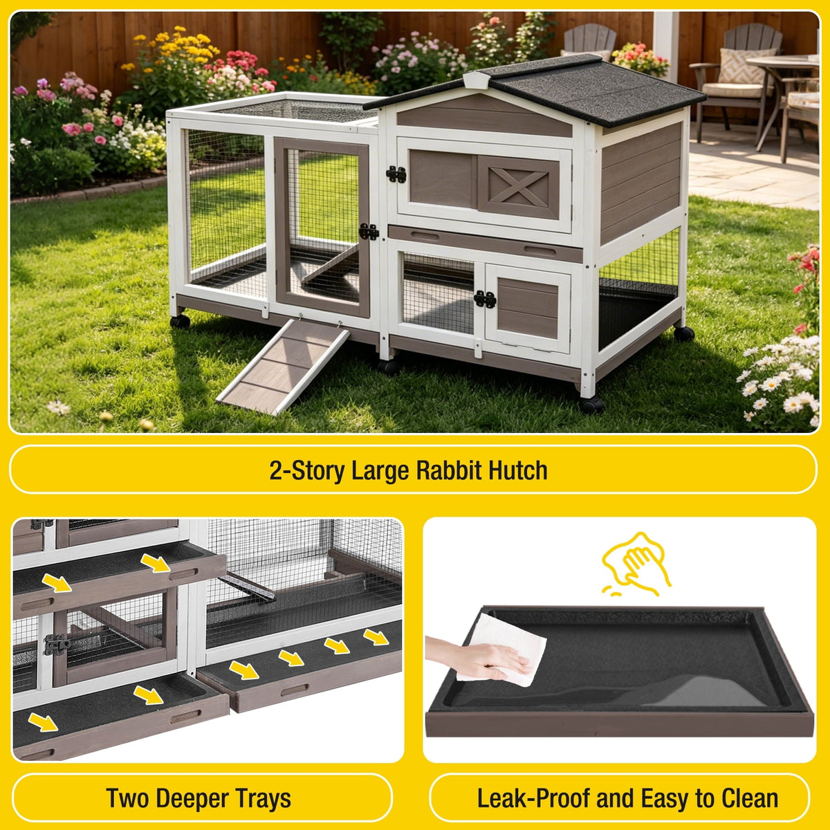 Aivituvin Rabbit Hutch Bunny Cage Outdoor & Indoor with Wheels, Two Layer Guinea Pig House with Pull Out Tray, Chew-Proof Ramp, Waterproof Roof