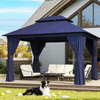 AOXUN Outdoor Gazebo 10x12 Metal Frame Double Roof Canopy With Mosquito Netting And Privacy Screen - Navy Blue