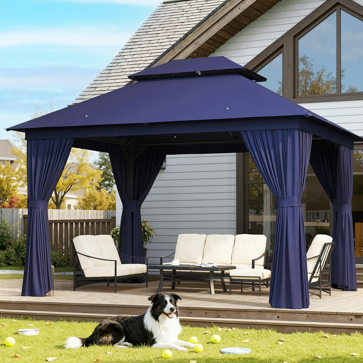 AOXUN Outdoor Gazebo 10x12 Metal Frame Double Roof Canopy With Mosquito Netting And Privacy Screen - Navy Blue