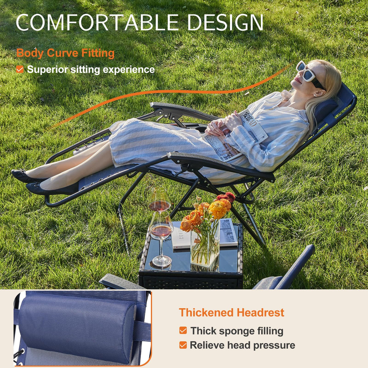 Sweetcrispy Zero Gravity Chairs Set of 2, Outdoor Folding Reclining Lounge Chair with Cup Holder Tray & Adjustable Pillow, Portable Camping Beach