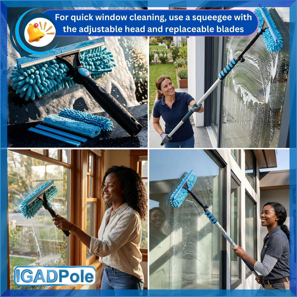 IGADPole 28 FT Water-Fed Washing Kit with Soap-Dispenser, Brush, 10″ Squeegee & Cobweb Duster for Windows, Gutters, Solar Panels & Exterior Walls