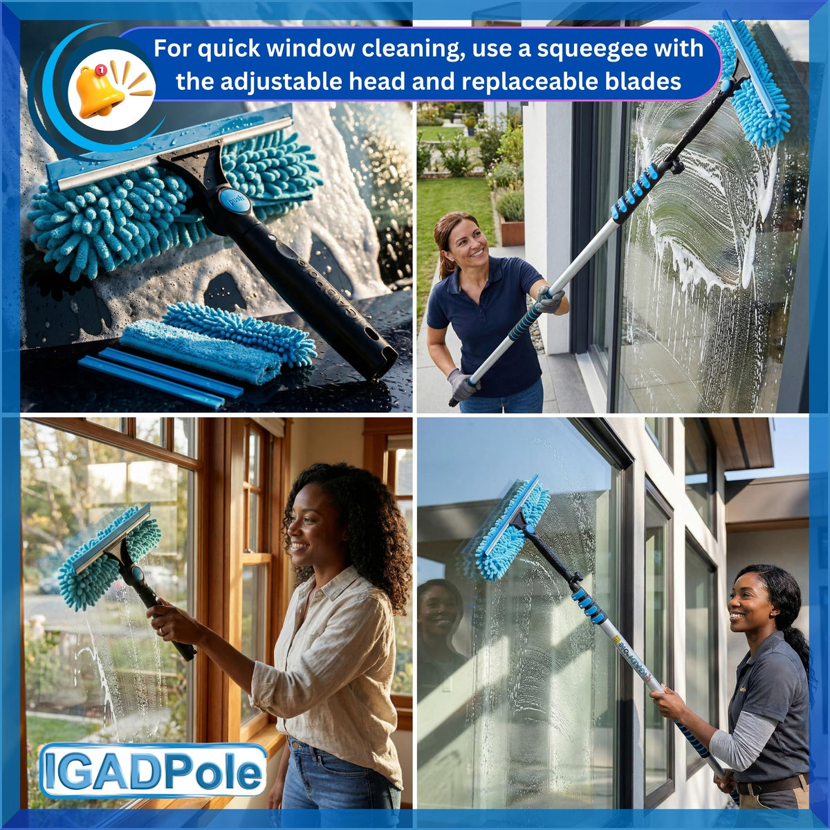 IGADPole 28 FT Water-Fed Washing Kit with Soap-Dispenser, Brush, 10″ Squeegee & Cobweb Duster for Windows, Gutters, Solar Panels & Exterior Walls