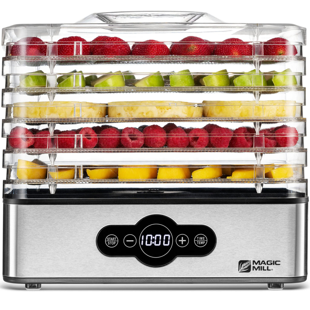 Magic Mill Food Dehydrator Machine | 5 Stackable Stainless Steel Trays, 48H Digital Adjustable Timer & Temperature Control Upto 167° Electric Dryer &