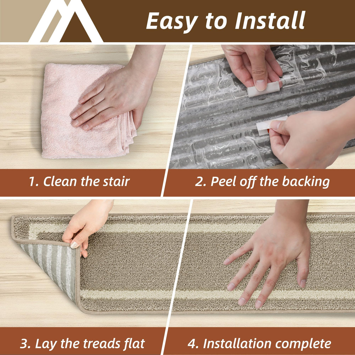 COSY HOMEER Soft Stair Treads 15pcs Non-Slip Carpet Mat 28inX9in,Beige