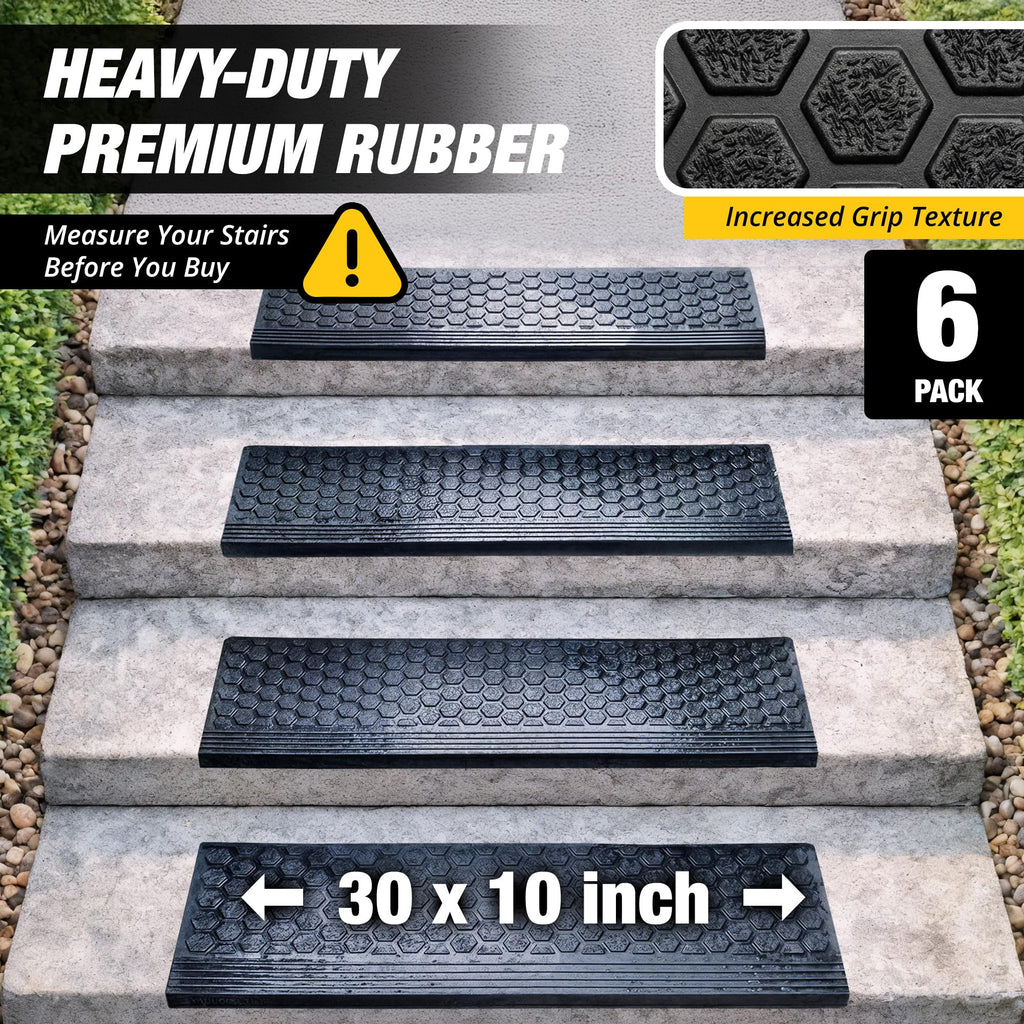 Rubber Stair Treads Outdoor 30" x 10" 6-Pack - Heavy-Duty Non-Slip Rubber