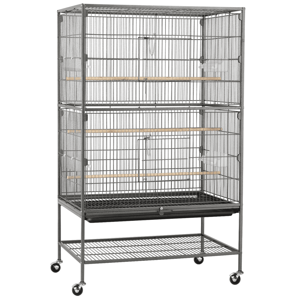 Yaheetech 52"H Metal Rolling Bird Cage with 3 Perches & 4 Feeders & Extra Storage Shelf, Black