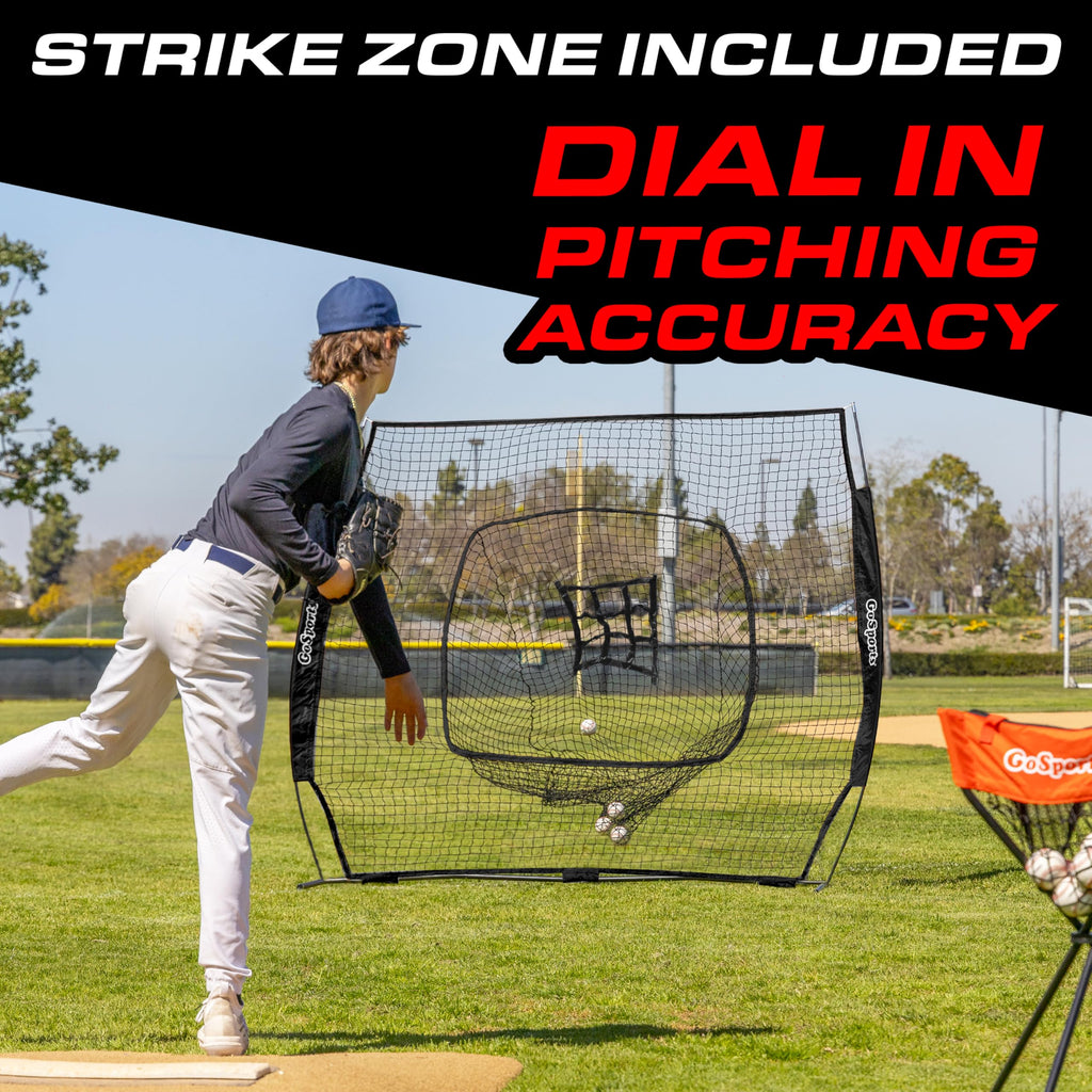 GoSports 7 ft x 7 ft Baseball & Softball Nets - Red, Black, Drip or PRO - Practice Hitting & Pitching Net with Bow Type Frame, Carry Bag and Strike
