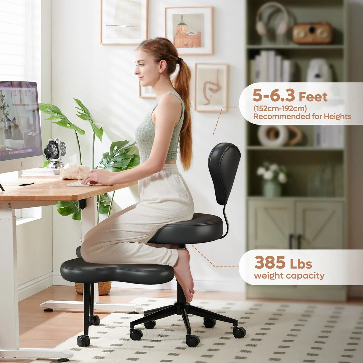 Pinmoco Ergonomic Cross-Legged Swivel Chair, Adjustable Height, Teddy Fabric, Off White