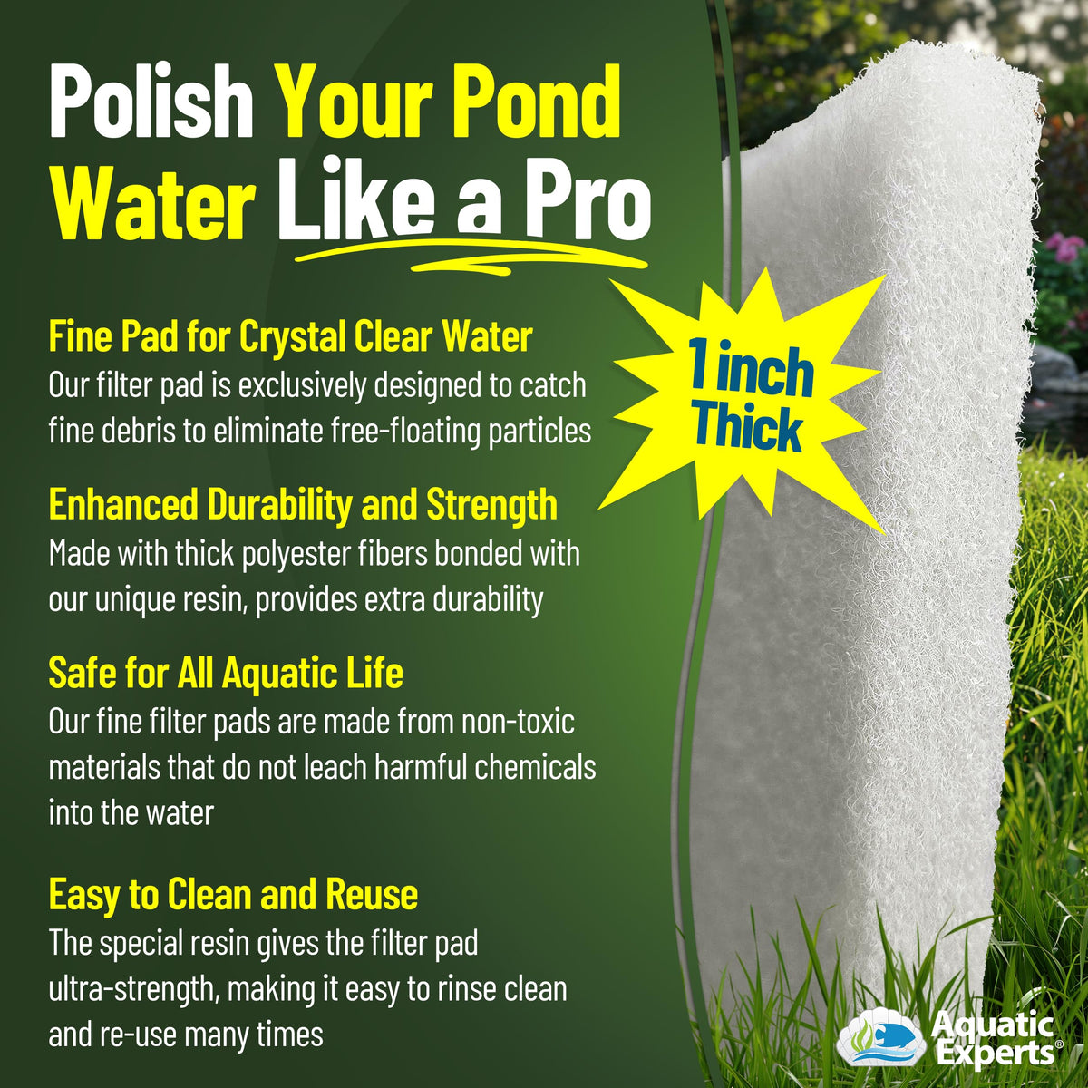 Classic Koi Pond Filter Pad FINE - White Bulk Roll Pond Filter Media, Ultra-Durable Pond Filters for Outdoor Ponds, Reusable Fish Pond Filter