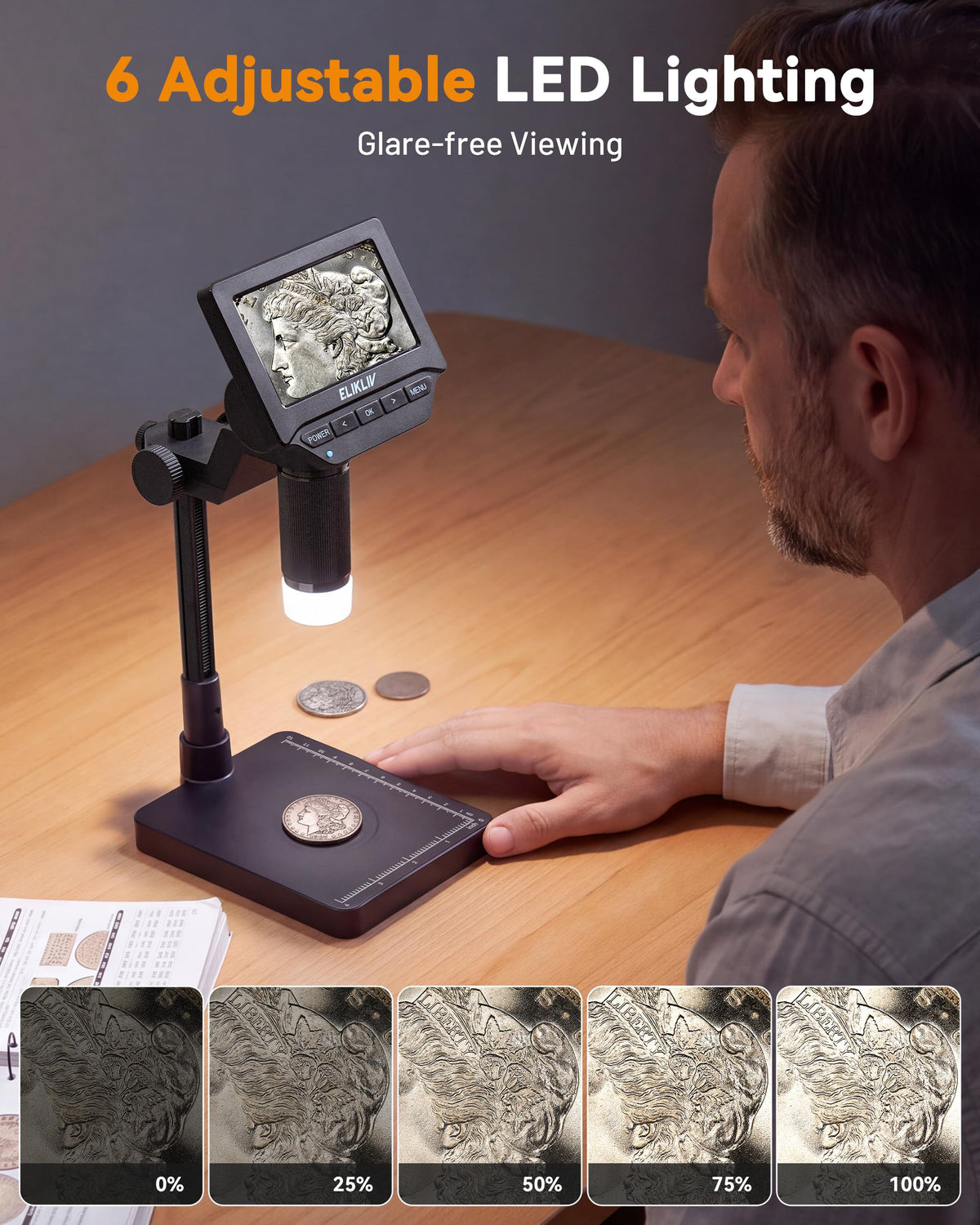 Elikliv Microscope, 4.3" Digital Coin Magnifier with Lights for Adults