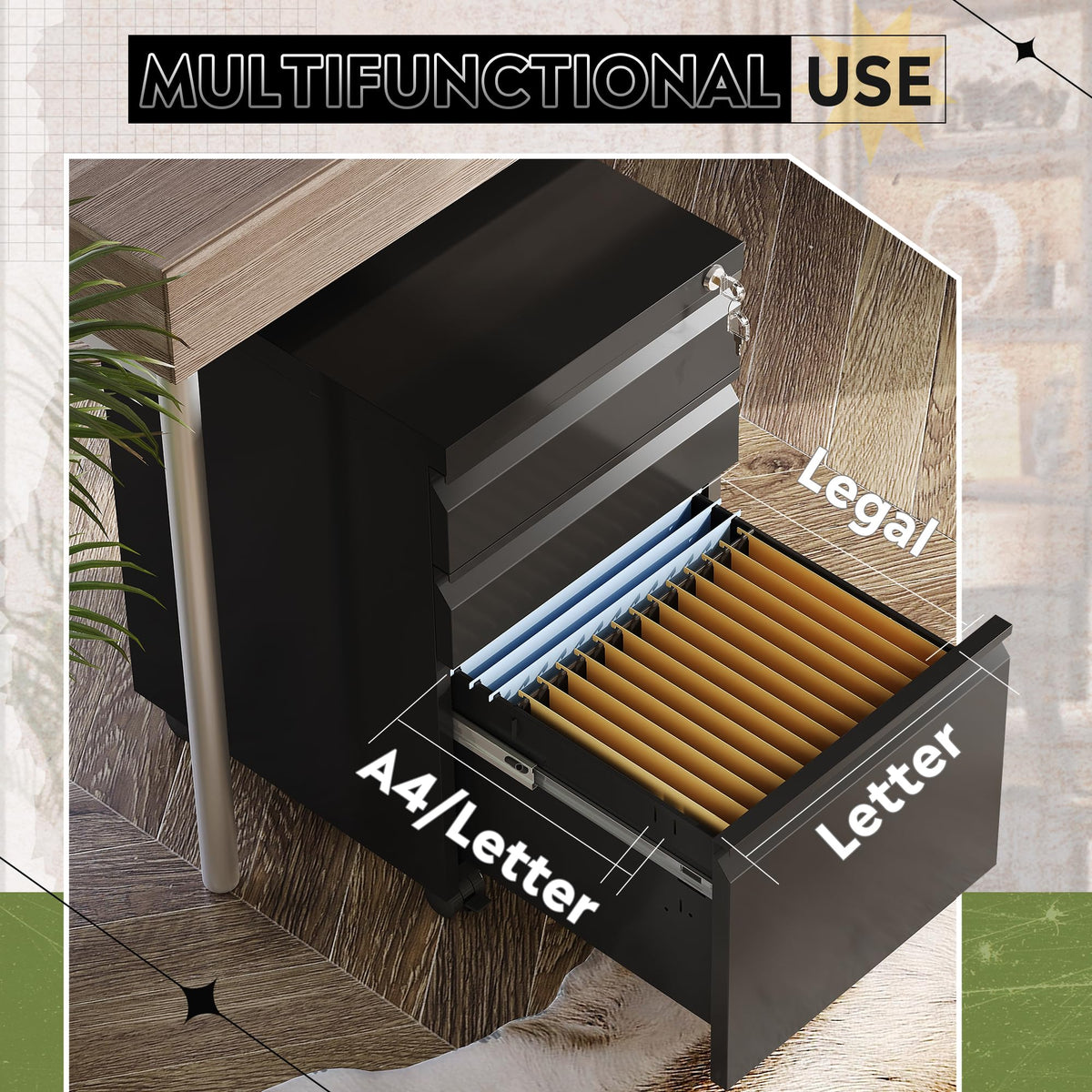DEVAISE 3 Drawer File Cabinet with Lock, Fully Assembled Except Casters