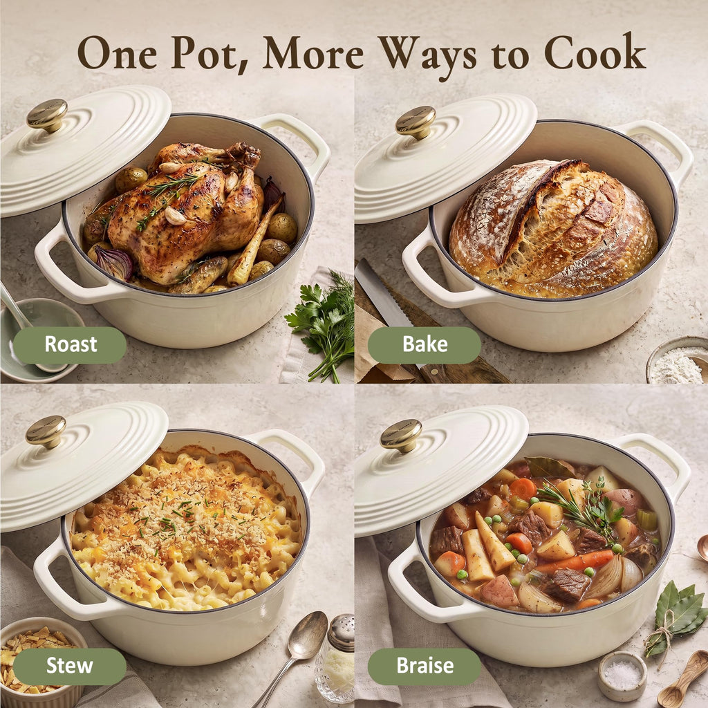 Overmont Enameled Cast Iron Dutch Oven - 5.5QT Pot with Lid Cookbook & Cotton Potholders - Heavy-Duty Cookware for Braising, Stews, Roasting