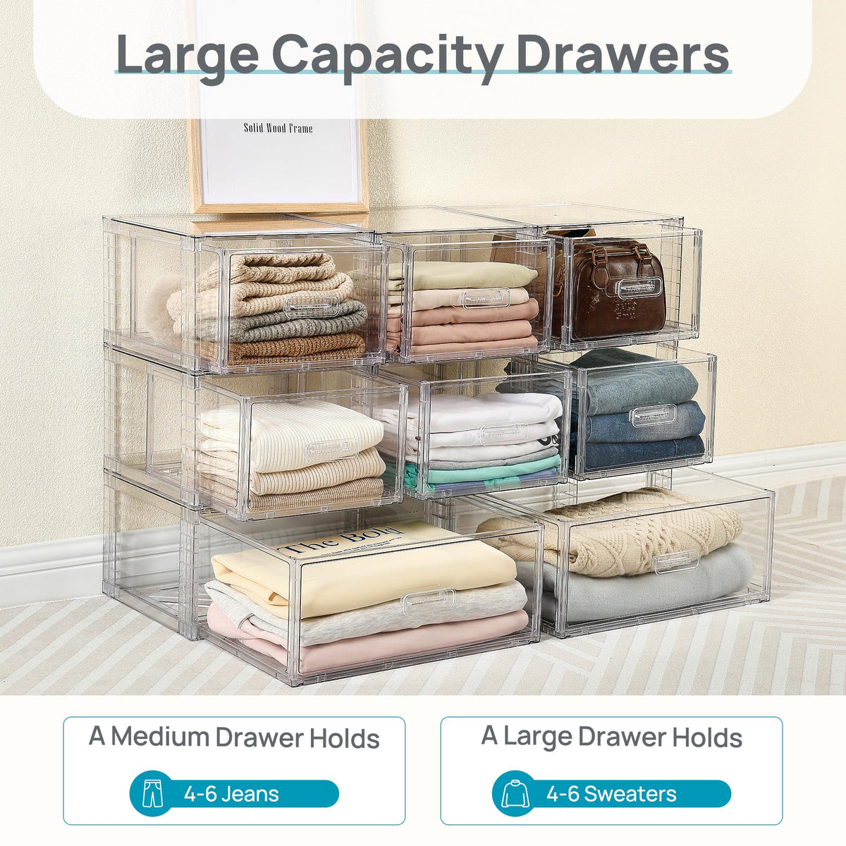 Vtopmart 4 Pack Clear Stackable Closet Storage Drawers 15QT, Medium
