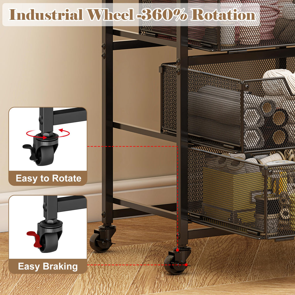 Rolling Cart with Drawers, 4-Drawer Storage Cart on Wheels with Wooden Top, Metal Utility Cart with Storage Drawers, Craft Storage Art Cart for