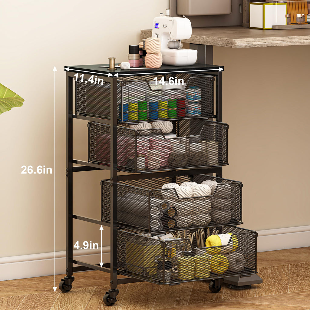 Rolling Cart with Drawers, 4-Drawer Storage Cart on Wheels with Wooden Top, Metal Utility Cart with Storage Drawers, Craft Storage Art Cart for