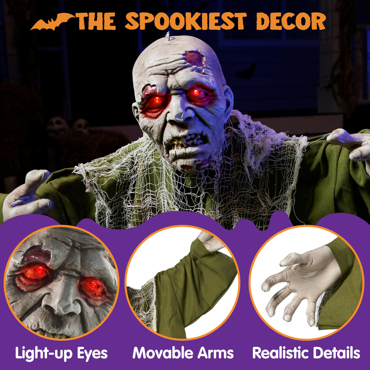 JOYIN Halloween Animated Zombie Groundbreaker Outdoor Decor with Light Up Eyes Creepy Animatronic Decorations with Movable Arms for Halloween Party