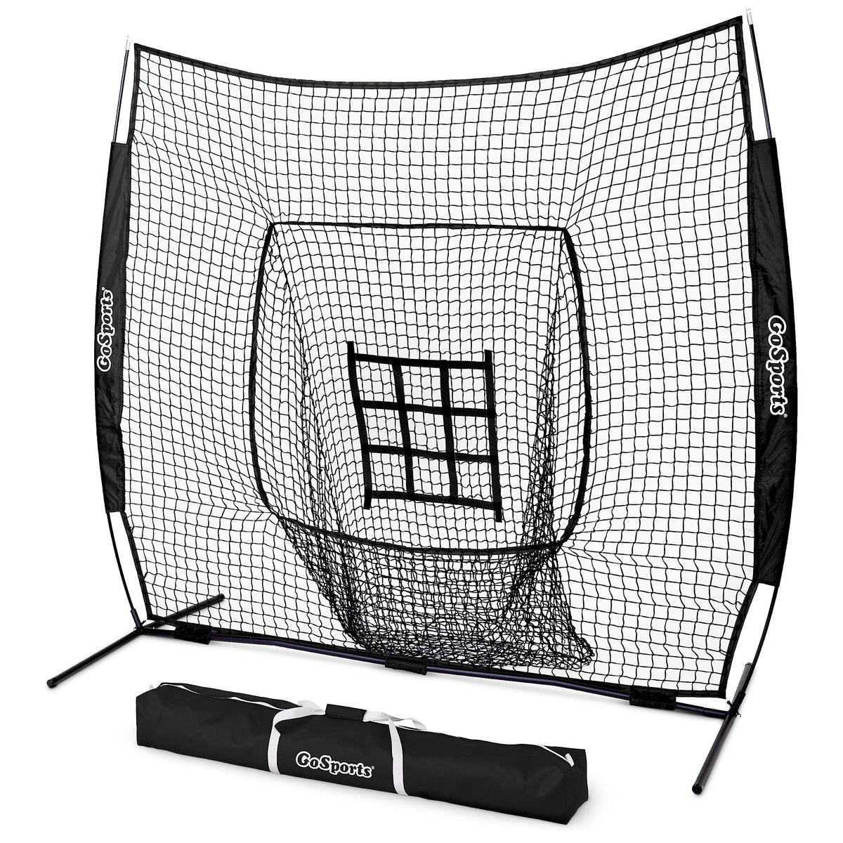 GoSports 7 ft x 7 ft Baseball & Softball Nets - Red, Black, Drip or PRO - Practice Hitting & Pitching Net with Bow Type Frame, Carry Bag and Strike