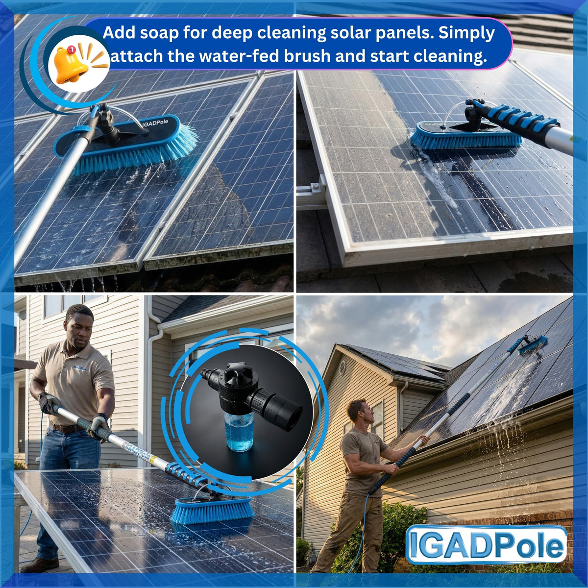 IGADPole 28 FT Water-Fed Washing Kit with Soap-Dispenser, Brush, 10″ Squeegee & Cobweb Duster for Windows, Gutters, Solar Panels & Exterior Walls