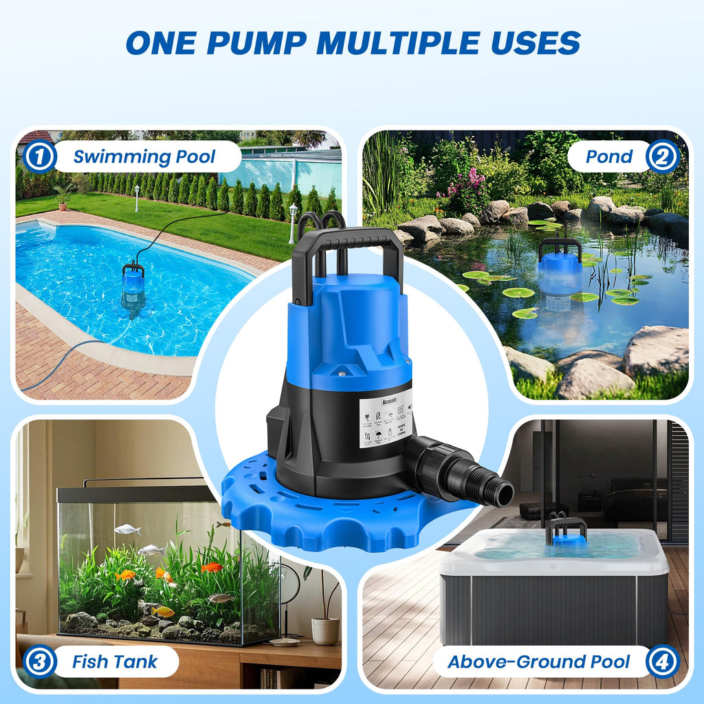 1 HP Automatic Cover Pump, 5000 GPH Submersible Pumps with 3/4” Check Valve Adapter & 25ft Power Cord, Water Removal for Pool, Hot Tubs, Rooftops