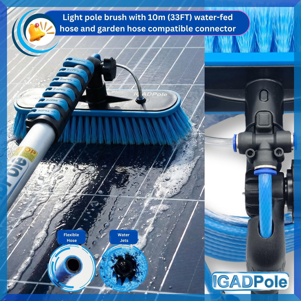 IGADPole 28 FT Water-Fed Washing Kit with Soap-Dispenser, Brush, 10″ Squeegee & Cobweb Duster for Windows, Gutters, Solar Panels & Exterior Walls