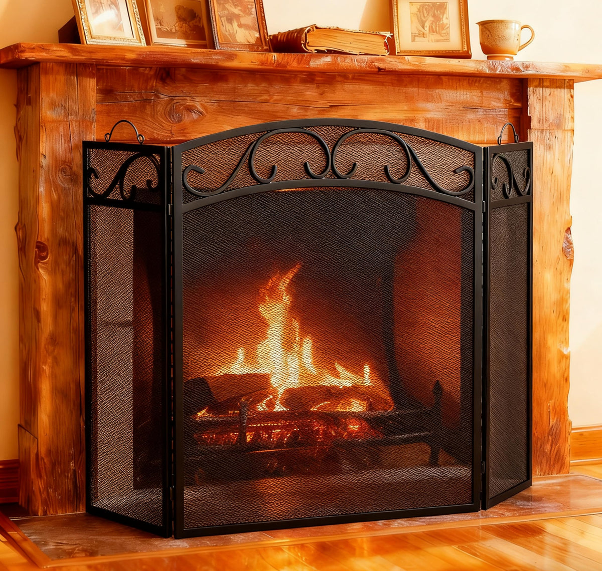 Fire Beauty 3 Panel Wrought Iron Fireplace Screen, Black Spark Guard
