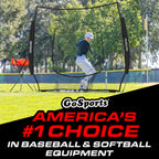 GoSports 7 ft x 7 ft Baseball & Softball Nets - Red, Black, Drip or PRO - Practice Hitting & Pitching Net with Bow Type Frame, Carry Bag and Strike