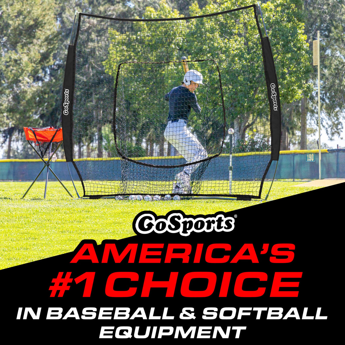 GoSports 7 ft x 7 ft Baseball & Softball Nets - Red, Black, Drip or PRO - Practice Hitting & Pitching Net with Bow Type Frame, Carry Bag and Strike