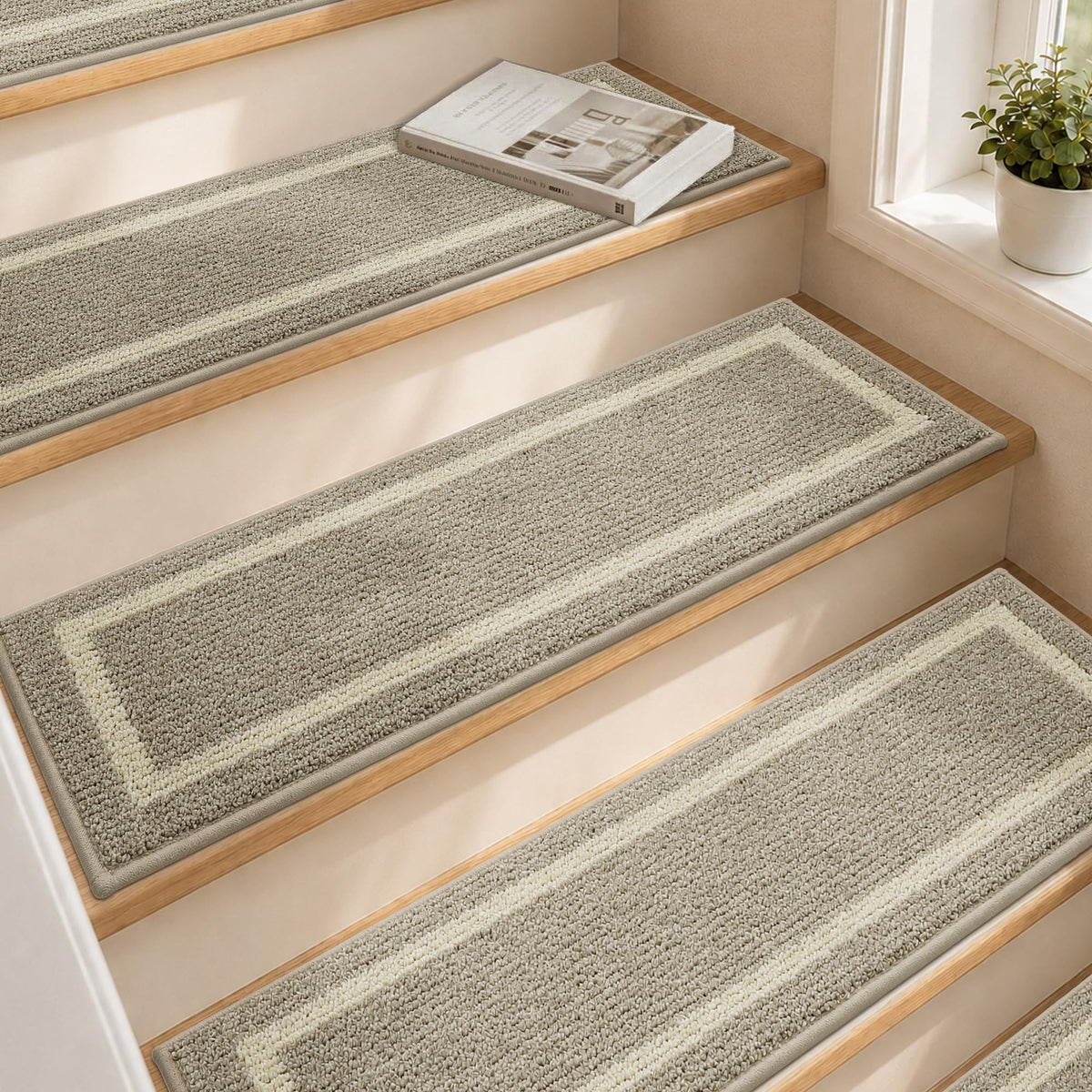 COSY HOMEER Soft Stair Treads 15pcs Non-Slip Carpet Mat 28inX9in,Beige