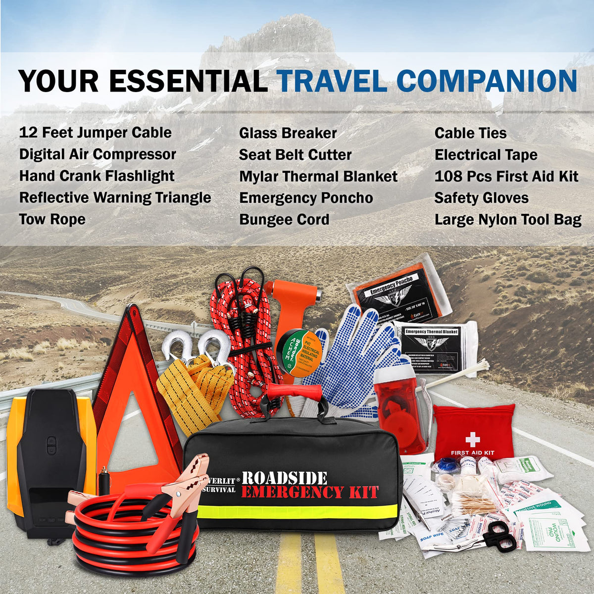 Everlit Survival Car Emergency Kit, Roadside Safety Tool Kit with Gloves,Digital Auto Air Compressor Tire Inflator, First Aid Kit, 12 Feet Jumper