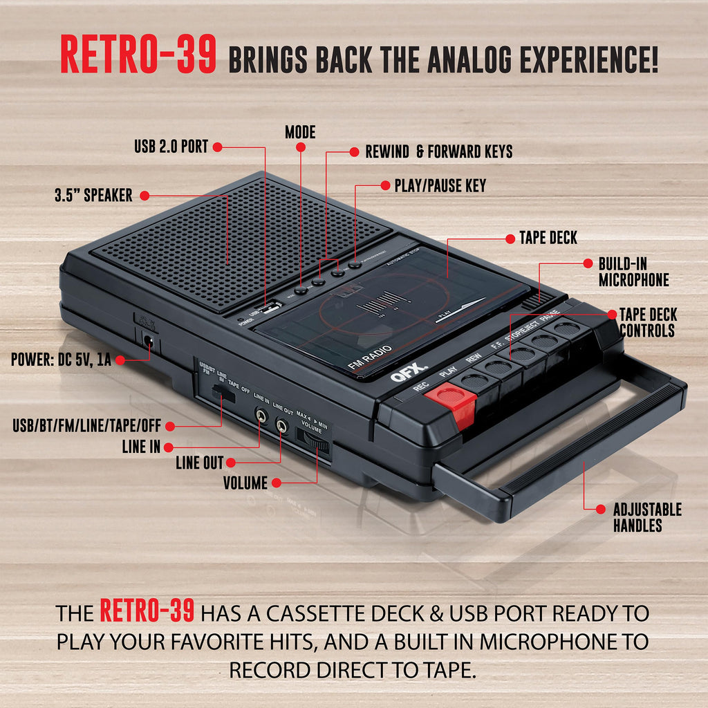 QFX Portable Shoebox Cassette Tape Player Recorder, RETRO-39BT